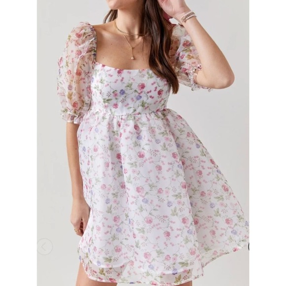 Audrey Parks Dresses & Skirts - Audrey Parks Francesca's Floral Puff Sleeve Organza Mini Babydoll Dress XS